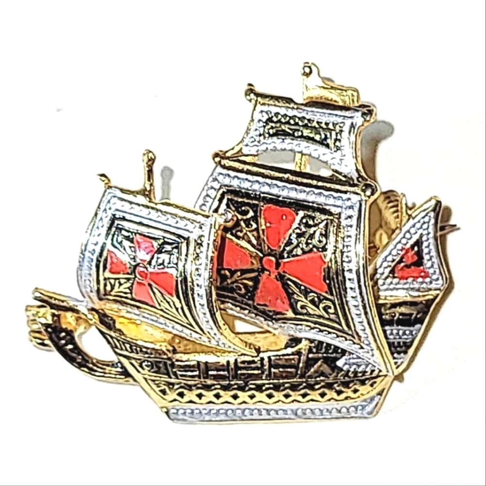 DAMASCENE SPANISH ARMADA SAILING SHIP BROOCHES - PIRATE SHIP, MALTESE CROSS - Picture 9 of 13
